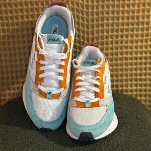Fila White and Teal Sneakers with Orange Accents Mens 9.5